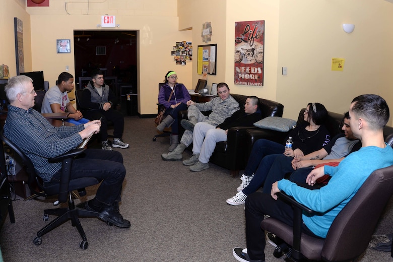Airmen gather for a volunteer meeting at Higher Grounds at Ellsworth Air Force Base, S.D. Feb. 3, 2015. Higher Grounds is a facility funded by the Chaplain Corps and run by volunteers who provide Airmen residing in the dormitories a place to relax and socialize. (U.S. Air Force photo by Airman 1st Class Rebecca Imwalle/Released)