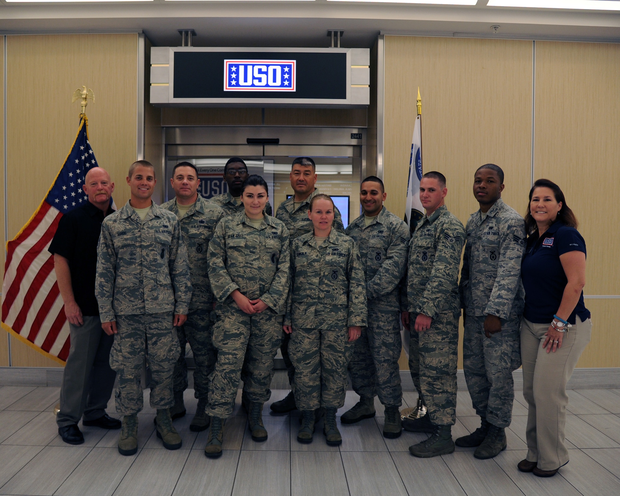 USO volunteers Paul Jones and Dana Martinez-Jones, opened the Tampa International Airport USO early March 15, to bid farewell and express their best wishes to the deploying members of the 927th Security Forces Squadron. For the first time since 9/11 the 927 SFS is deploying as a squadron. More than 80 percent of the squadron has or will ship out within the next week or so. (U.S. Air Force photo/Tech Sgt. Peter Dean)