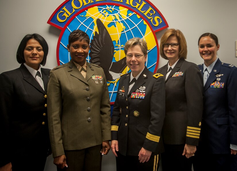 Women from four branches of service came together March 13, 2015, for a panel in honor of Women’s History Month at the 15th Airlift Squadron auditorium at Joint Base Charleston, S.C. The group (from left) includes: Chief Petty Officer Andrea Navarro, Naval Consolidated Brig Charleston Parole and Release Leading Petty Officer, Chief Warrant Officer Denise Barnes, NAVCONBRIG Charleston deputy director, prisoner management, Army Brig. Gen. Tammy Smith, U.S. Army Reserve deputy chief of staff, Navy Capt. Rosemary Carr Malone, Naval Health Clinic Charleston executive officer and Capt. Erica Stooksbury, 15th AS C-17 instructor pilot. (U.S. Air Force photo / Senior Airman Tom Brading)