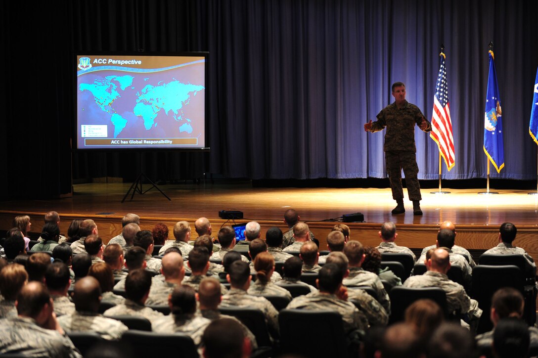 U.S. Air Force Gen. Hawk Carlisle, commander of Air Combat Command, speaks to Airmen during a commander’s call at Langley Air Force Base, Va., March 13, 2015. During the event, Carlisle spoke about the challenges facing today’s Air Force and commended the Joint Base Langley-Eustis team for their contributions to today’s mission. (U.S. Air Force photo by Staff Sgt. Natasha Stannard/Released)