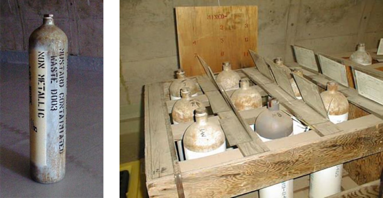 Samples of mustard agent were drawn from the munitions stored at the Pueblo Chemical Depot and placed into Department of Transportation bottles, like the ones shown here, for safe storage. Program Executive Office, Assembled Chemical Weapons Alternatives photo