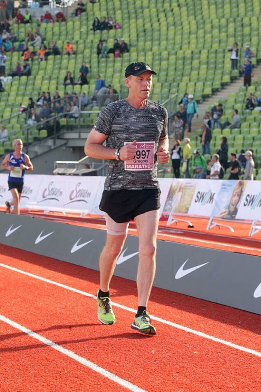 Greg Cheek, DoD civilian and retired soldier, runs a marathon in Munich, Germany. Cheek recently battled cancer, and he credits DoD resilience training with helping him along the way. Courtesy photo
