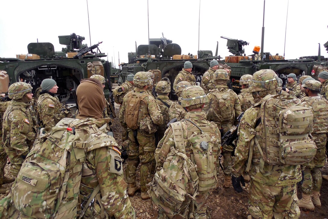 U.S. soldiers conduct a mission briefing before a training exercise with Estonian soldiers as part of Operation Atlantic Resolve in Rabassare, Estonia, March 7, 2015. The U.S. soldiers are assigned to 3rd Squadron, 2nd Cavalry Regiment. Operation Atlantic Resolve is taking place across Estonia, Latvia, Lithuania and Poland to strengthen relationships and interoperability among allied militaries, contribute to regional stability and demonstrate U.S. commitment to NATO.