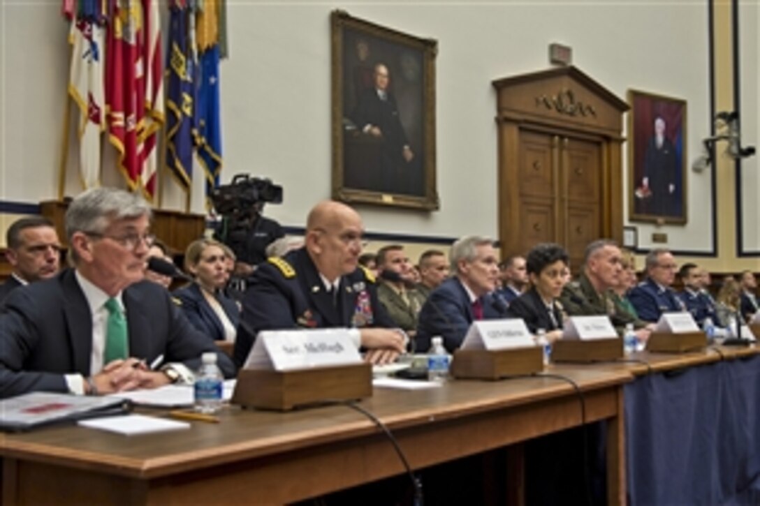 From left, Army Secretary John M. McHugh, Army Chief of Staff Gen. Ray Odierno, Navy Secretary Ray Mabus, Vice Chief of Naval Operations Adm. Michelle Howard, Marine Corps Commandant Gen. Joseph F. Dunford Jr., Air Force Secretary Deborah Lee James and  Air Force Chief of Staff Mark A. Welsh III listen to questions on the defense budget from members of the House Armed Services Committee in Washington, D.C., March 17, 2015.