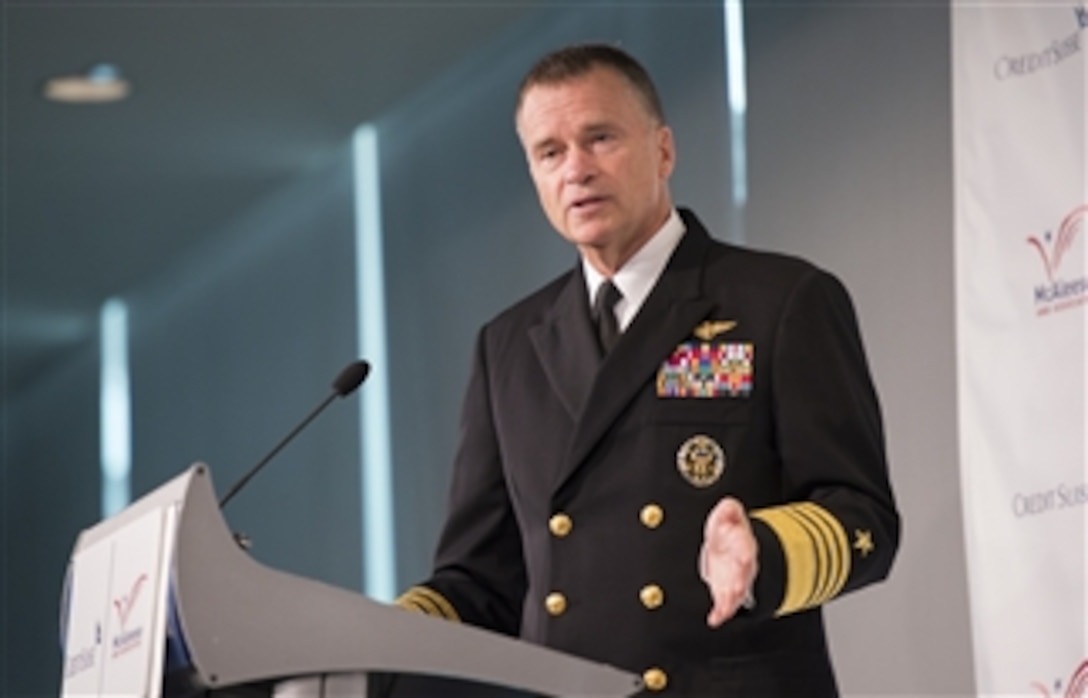 Navy Adm. James A. Winnefeld Jr., vice chairman of the Joint Chiefs of Staff, speaks to attendees of the McAleese/Credit Suisse defense programs conference at the Newseum in Washington, D.C., March 17, 2015. Winnefeld discussed several topics, including operational challenges, combatant commanders' requirements and concerns of the tactical warfighter. 