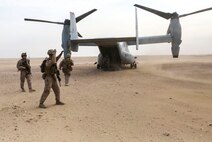 U.S. Marines with Company E, 2nd Battalion, 7th Marine Regiment, Special Purpose Marine Air Ground Task Force – Crisis Response – Central Command, board an MV-22B Osprey after recovering a simulated downed pilot during a Tactical Recovery of Aircraft and Personnel exercise in the Central Command area of operation, March 8, 2015. TRAP missions are conducted by teams of Marines and sailors to rescue or extract downed personnel or aircraft in the event of an in-flight emergency. 