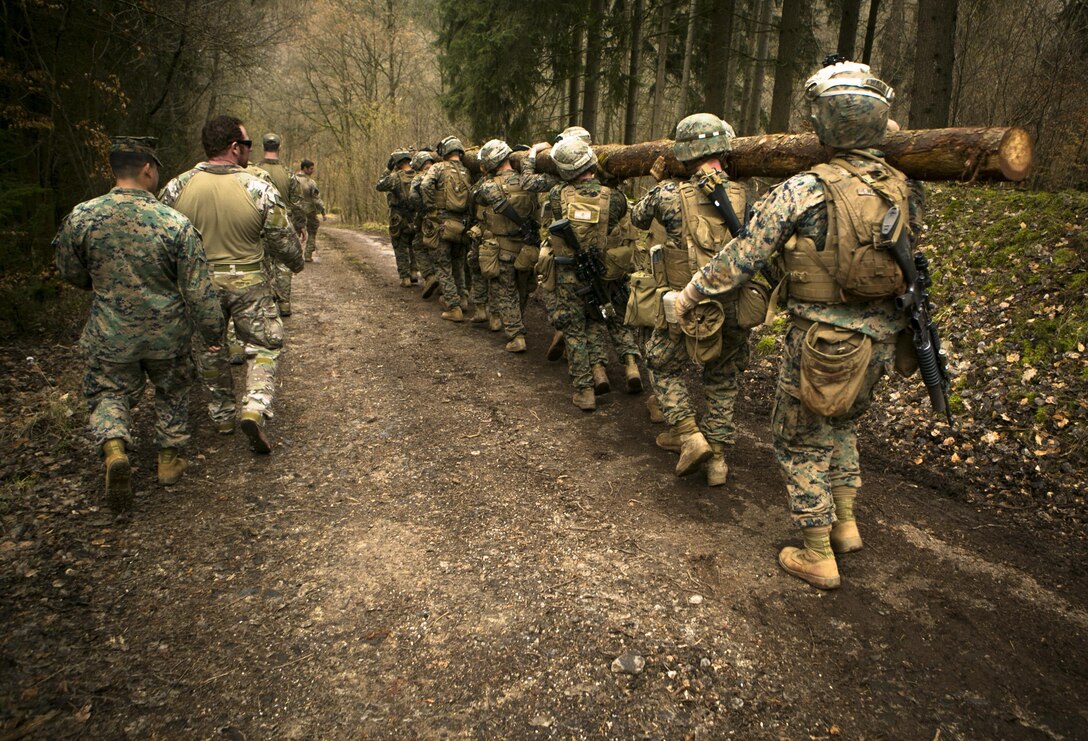 U.S. Marines with Special-Purpose Marine Air-Ground Task Force Crisis Response-Africa carry a tree during a combat efficiency test in Baumholder, Germany, March 10, 2015. U.S. Army Special Forces personnel ran the service members through a grueling course of obstacles that required the Marines to work as a team and prepared them physically and mentally for crisis response missions they may face in places such as Africa. (U.S. Marine Corps photo by Sgt. Paul Peterson/Released)