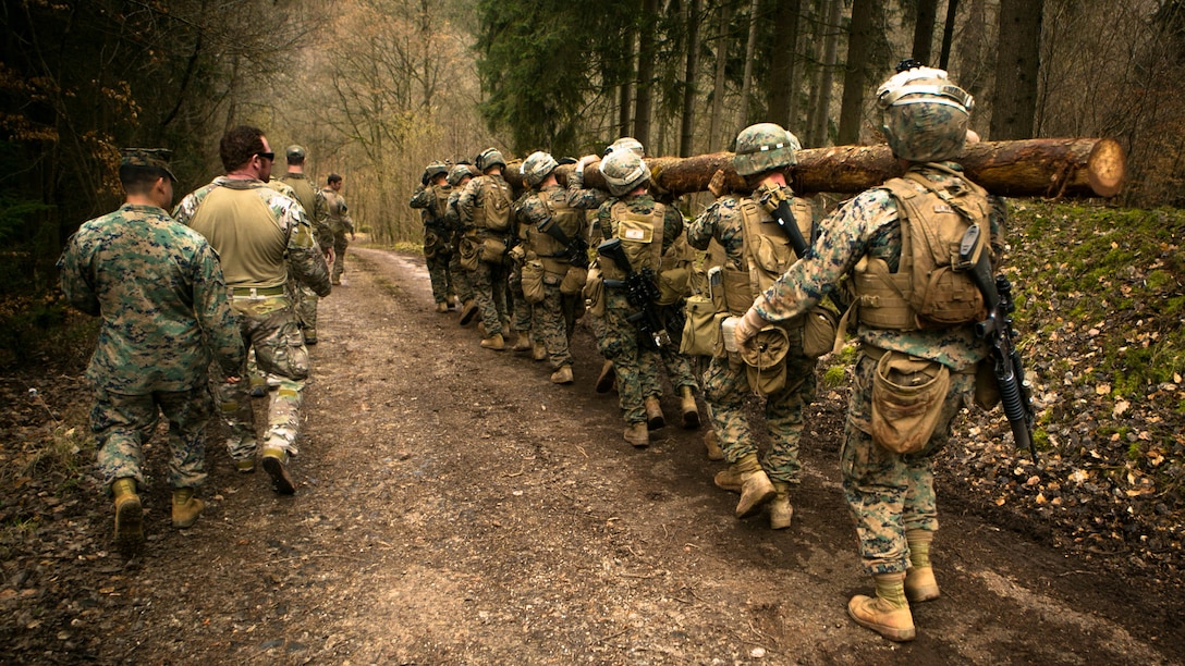 U.S. Marines with Special-Purpose Marine Air-Ground Task Force Crisis Response-Africa carry a tree during a combat efficiency test in Baumholder, Germany, March 10, 2015. U.S. Army Special Forces personnel ran the service members through a grueling course of obstacles that required the Marines to work as a team and prepared them physically and mentally for crisis response missions they may face in places such as Africa. 