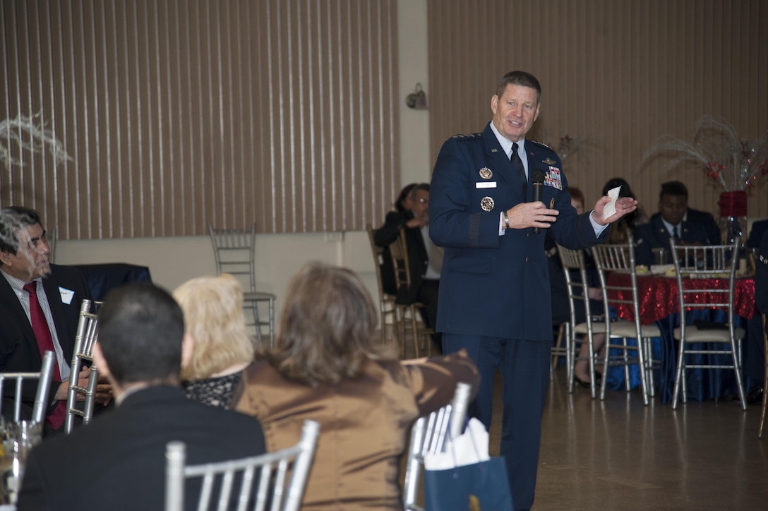 Gen. Robin Rand, commander of Air Education and Training Command, speaks at the Del Rio Chamber of Commerce Annual Awards Banquet in Del Rio, Texas, March 12, 2015. Rand was asked to be the evening's keynote speaker by members of the city's chamber of commerce and military affairs association as they honored Laughlin's annual award winners. The banquet is a tradition in Del Rio and shows the close relationship between the base and the community. (U.S. Air Force photo by Staff Sgt. Nathan Maysonet)
