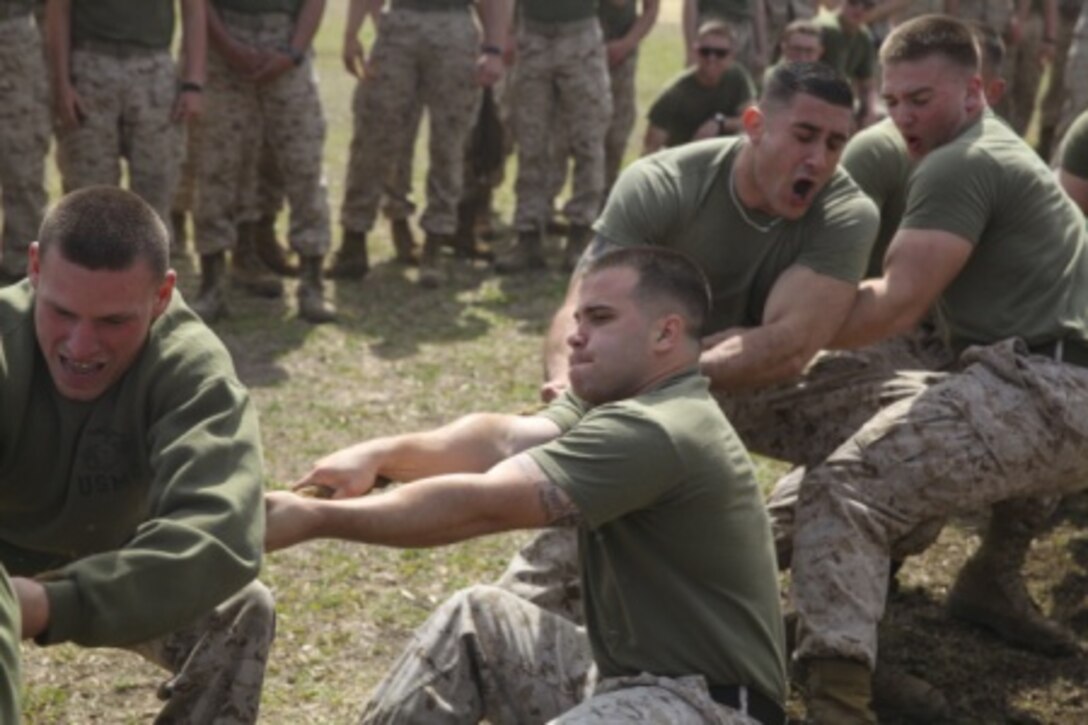 Marine Corps engineers compete in a tug-of-war competition during the annual St. Patrick’s Day Engineer Field Meet, March 12, 2015, on Ellis Field at Courthouse Bay aboard Marine Corps Base Camp Lejeune, N.C. Engineers from across Camp Lejeune and New River Air Station came together to compete in 15 engineer-themed events in honor of the patron saint of engineers, St. Patrick. (U.S. Marine Corps photo by Cpl Michelle Reif/released)
