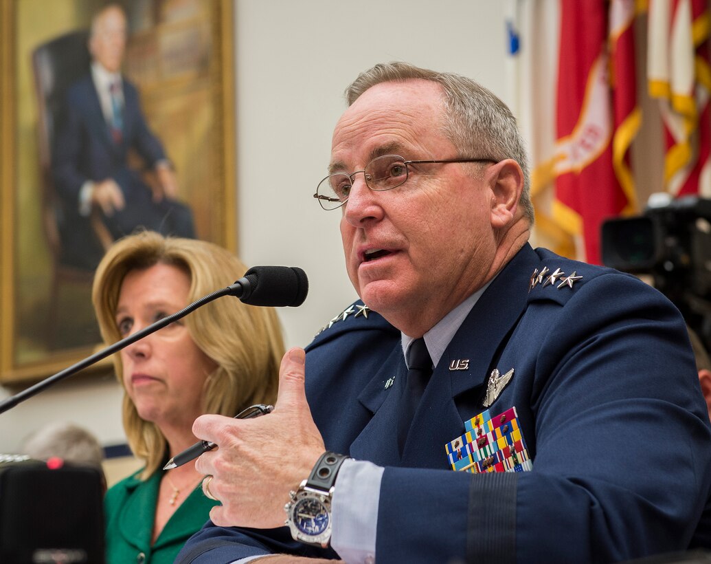 Chief of Staff of the Air Force Gen. Mark A. Welsh III answers a question posed to him during a House Armed Services Committee hearing Mar.17, 2015, on Capitol Hill, Washington, D.C. The committee convened to ask the senior leaders of the military departments questions about the fiscal year 2016 President's Budget Request. Also on the panel with Welsh: Secretary of the Air Force Deborah Lee James, Secretary of the Army John McHugh, Chief of Staff of the Army Gen. Ray Odierno, Secretary of the Navy Ray Maybus, Vice Chief of Naval Operations Adm. Michelle Howard, and Commandant of the Marine Corps Gen. Joseph Dunford, Jr. (U.S.Air Force photo/Jim Varhegyi)