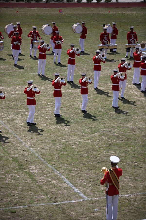 The Marine Drum and Bugle Corps plays a song during a Battle Colors Ceremony at Marine Corp Support Facility New Orleans, March 17, 2015. Marines from Marine Forces Reserve joined their families and prominent figures from the New Orleans community to watch performances by the band and the Silent Drill Platoon. 