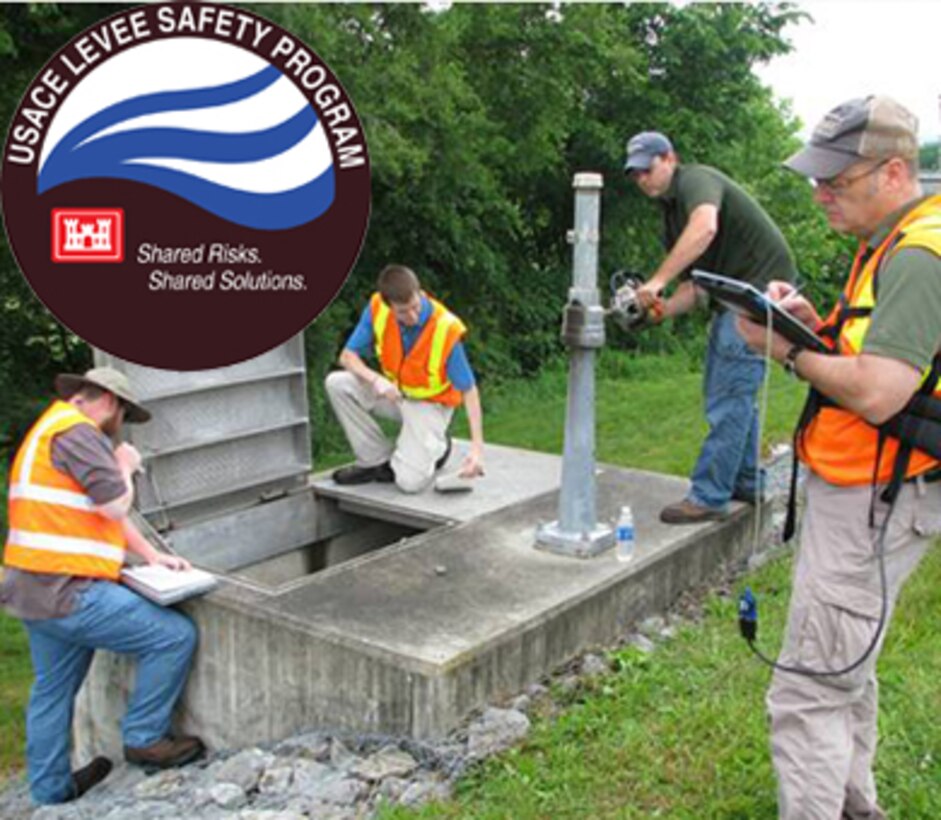 Levee inspection with USACE Levee Safety Program Logo