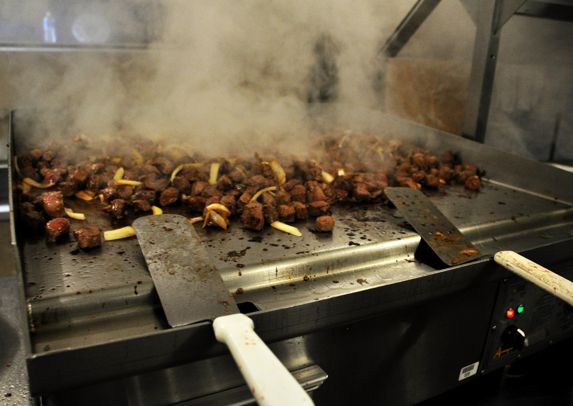 Hungarian Beef cooks on a grill during the Readiness Challenge for Force Support Silver Flag at Dobbins Air Reserve Base, Georgia, March 11, 2015. The challenge consisted of teams competing against each other in nine different events ranging from following a convoy, building tents, fixing Babington burners, cooking meals, planning lodging, planning a base from scratch, driving a forklift and a scavenger hunt.  (U.S. Air Force photo/Senior Airman Daniel Phelps)