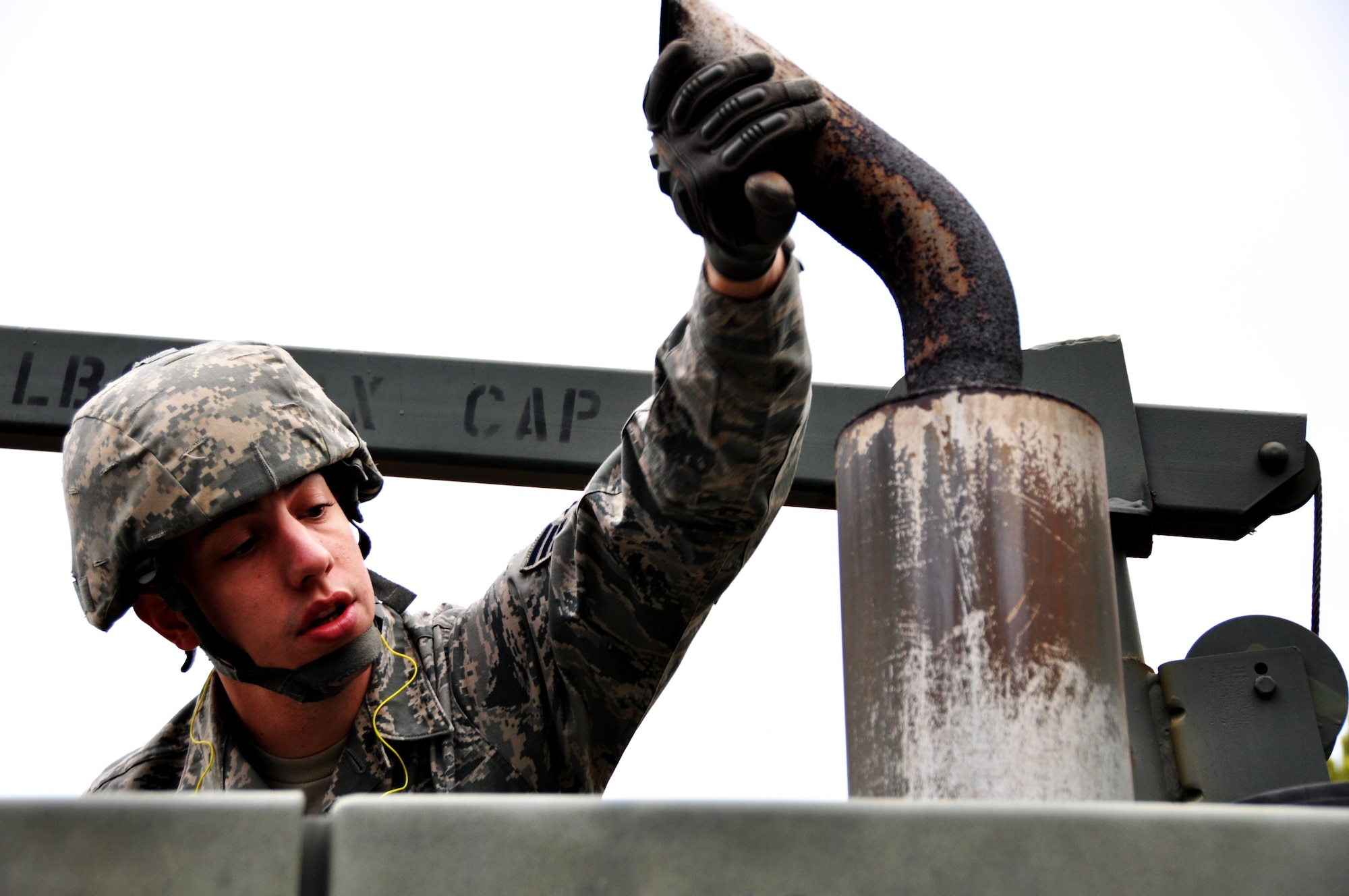 Senior Airmen Tyler Wright, 911th Force Support Squadron, Pittsburgh, Pa., performs a safety an inspection on a forklift during the Readiness Challenge for Force Support Silver Flag at Dobbins Air Reserve Base, Georgia, March 11, 2015. About 70 Airmen on teams from Peterson Air Force Base, Colorado; the 445th FSS from Wright-Patterson Air Force Base, Ohio; the 908th FSS from Maxwell AFB, Alabama; the 910th FSS from Youngstown ARB, Ohio; the 911th FSS from Pittsburgh, Pennsylvania; and the 934th FSS from Minneapolis – St. Paul, Minnesota competed in FS Silver Flag. (U.S. Air Force photo/Senior Airman Daniel Phelps)