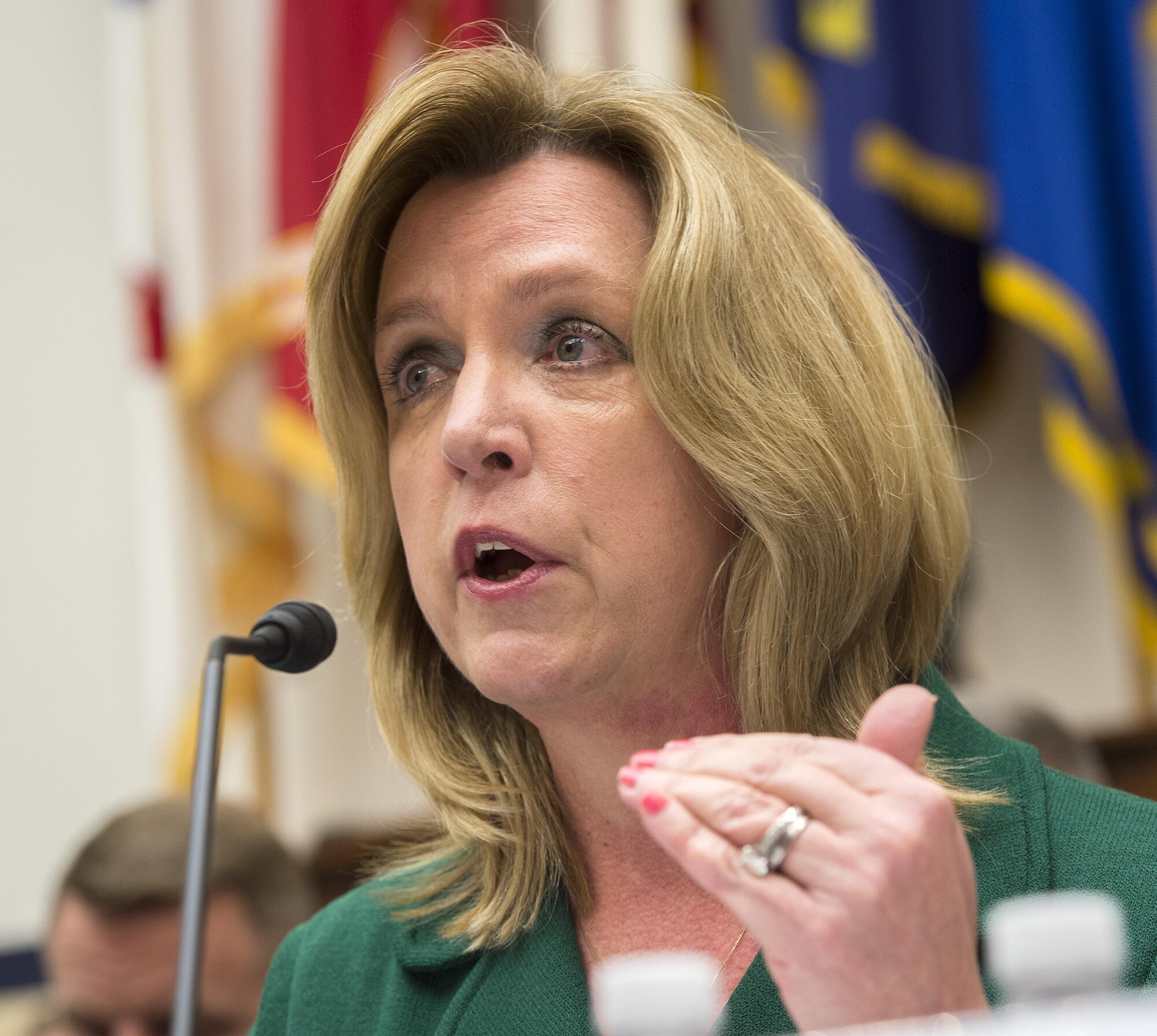 Secretary of the Air Force Deborah Lee James gives her opening statement during a House Armed Services Committee hearing Mar.17, 2015, on Capitol Hill, Washington, D.C. The committee convened to ask the senior leaders of the military departments questions about the fiscal year 2016 President's Budget Request. Also on the panel with James were:  Chief of Staff of the Air Force Gen. Mark A. Welsh III, Secretary of the Army John McHugh, Chief of Staff of the Army Gen. Ray Odierno, Secretary of the Navy Ray Maybus, Vice Chief of Naval Operations Adm. Michelle Howard, and Commandant of the Marine Corps Gen. Joseph Dunford, Jr. (U.S.Air Force photo/Jim Varhegyi)