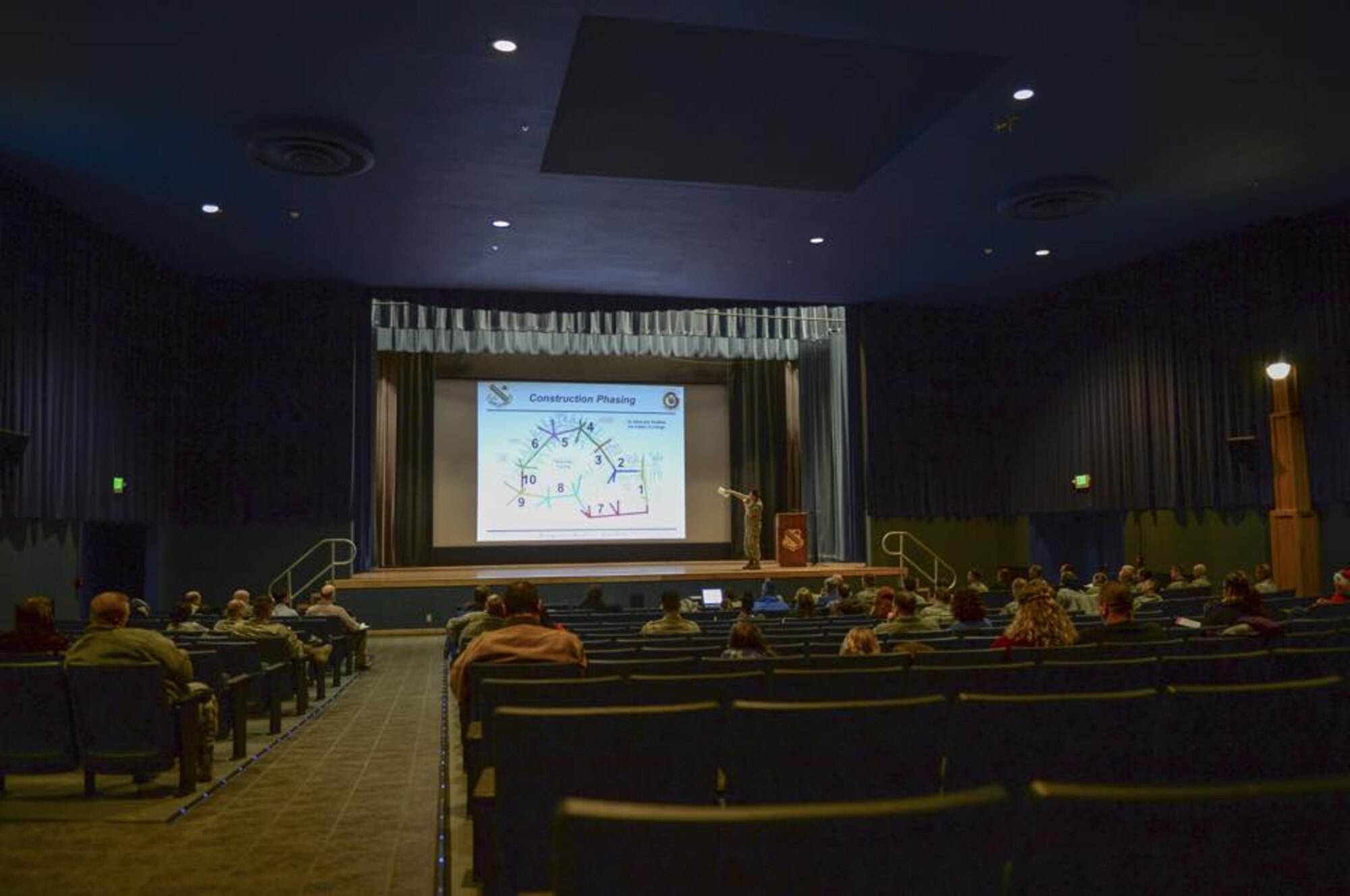 U.S. Air Force Col. Larry Rice, the 354th Mission Support Group commander, discusses upcoming construction phases during a town hall meeting at the Ernie Walker Theater, Eielson Air Force Base, Alaska, March 12, 2015. Base leaders held a town hall meeting to inform residents of ongoing construction projects to help bring reliable heat to older infrastructure. (U.S. Air Force photo by 1st Lt. Elias Zani/Released)
