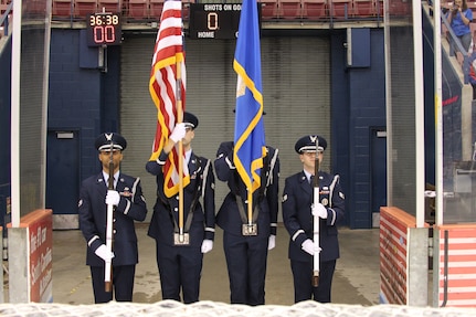 The Joint Base Charleston Honor Guard present the colors during the national anthem at the South Carolina Stingrays military appreciation night at the North Charleston Coliseum March 14, 2015. The team's players wore special "Stars and Stripes" jerseys'  that were later auctioned off. The Stingrays beat the Gwinnett Gladiators 6-0 for their ECHL record of 18 consecutive games. (Courtesy photo / South Carolina Stingrays)