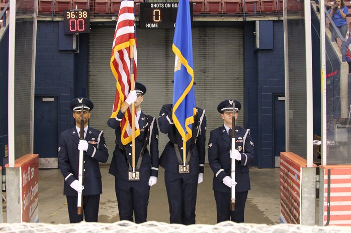 The Joint Base Charleston Honor Guard present the colors during the national anthem at the South Carolina Stingrays military appreciation night at the North Charleston Coliseum March 14, 2015. The team's players wore special "Stars and Stripes" jerseys'  that were later auctioned off. The Stingrays beat the Gwinnett Gladiators 6-0 for their ECHL record of 18 consecutive games. (Courtesy photo / South Carolina Stingrays)