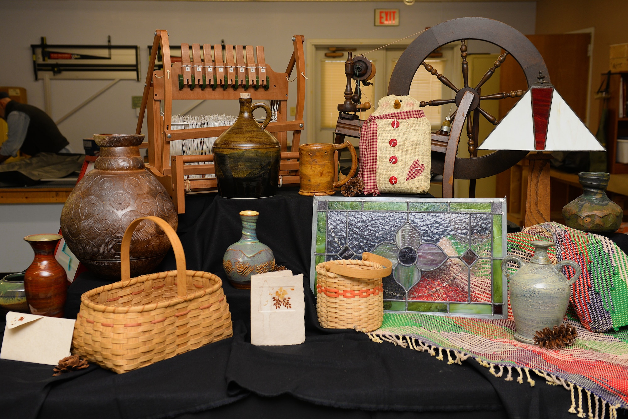 Finished pieces are displayed at the Arts and Crafts Center prior to the open house, Scott Air Force Base, Illinois, March 13, 2015. Stained glass, pottery, jewelry-making, basket-weaving, photography, violin, guitar, crochet, painting, yarn spinning, and other crafts will be showcased from 9 to 4. (U.S. Air Force photo by Airman 1st Class Erica Crossen)