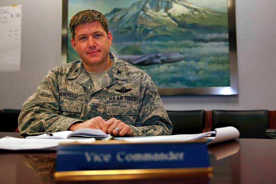 Col. Gerry Signorelli updates his unit inprocessing documents at the 446th Airlift Wing headquarters building, McChord Field, Washington, March 17. Signorelli is slated to become the new vice commander of the 446th Airlift Wing, McChord Field, Washington, April 6. He will replace Col. Richard Grayson whose retirement ceremony was March 8. With the exception of the Air National Guard, Signorelli has served in every component of the Air Force since earning his commission in 1991. Hailing from the East Texas town of Rockwall, Signorelli is a first officer, and leadership and aviation risk resource management instructor for Southwest Airlines as a civilian. (U.S. Air Force Reserve photo by Jake Chappelle)