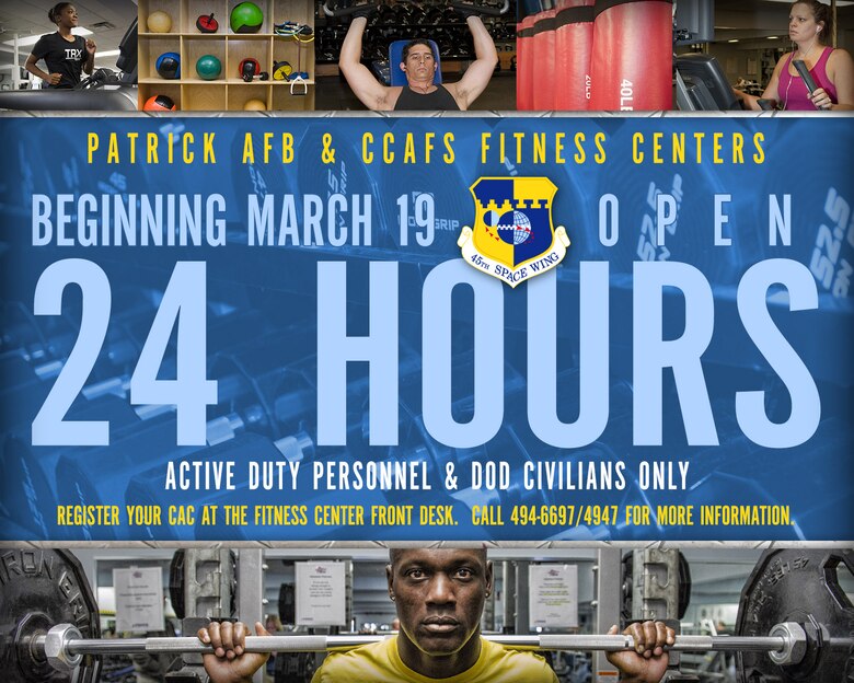Fitness centers at PAFB and Cape Canaveral Air Force Station, Fla., are scheduled to remain accessible 24/7 to active-duty military and DOD civilians beginning March 19, 2015. Only CAC holders who have registered with the fitness center for access during unmanned operations will have permission to use the fitness center during unmanned operations. (U.S. Air Force graphic/James Rainier) (Released)