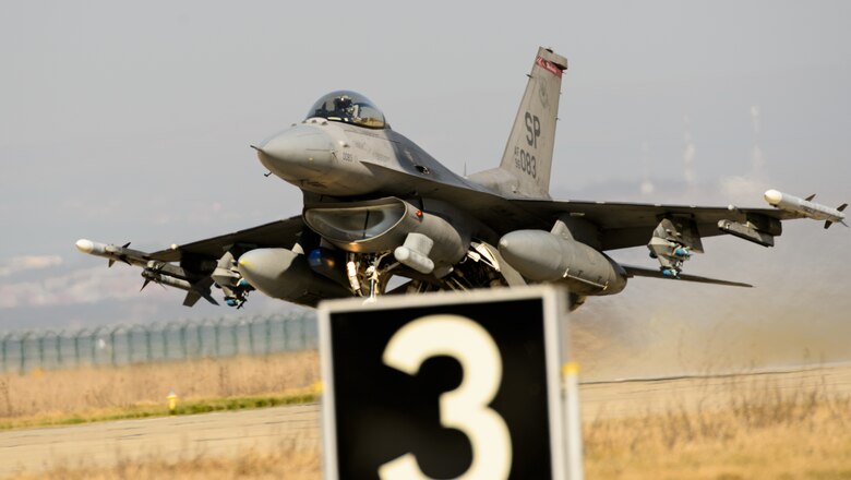 A 480th Fighter Squadron, from Spangdalhem Air Base, Germany, pilot takes of at Campia Turzii, Romania, March 16, 2015. Pilots from the 480th FS joined Airmen from the 435th Air Ground Operations Wing to participate in exercise Dacian Warhawk. (U.S. Air Force photo/Staff Sgt. Armando A. Schwier-Morales)