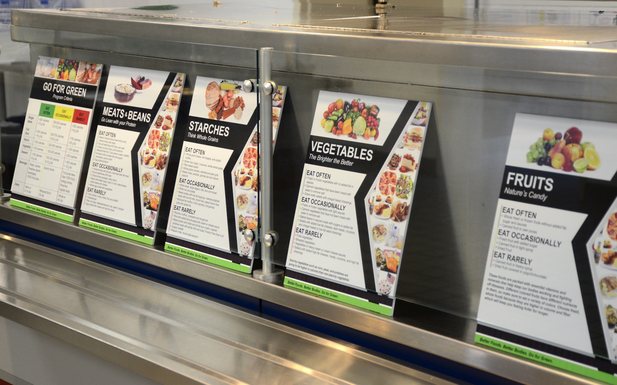 Go For Green program material on display at the Joint Base Andrews dining facility, March 16, 2015. Go For Green is a food-identification program that allows Airmen to quickly make informed decisions about the food they eat with the ultimate goal of promoting performance, readiness and resiliency. (U.S. Air National Guard photo by Senor Airman John Hillier/Released)