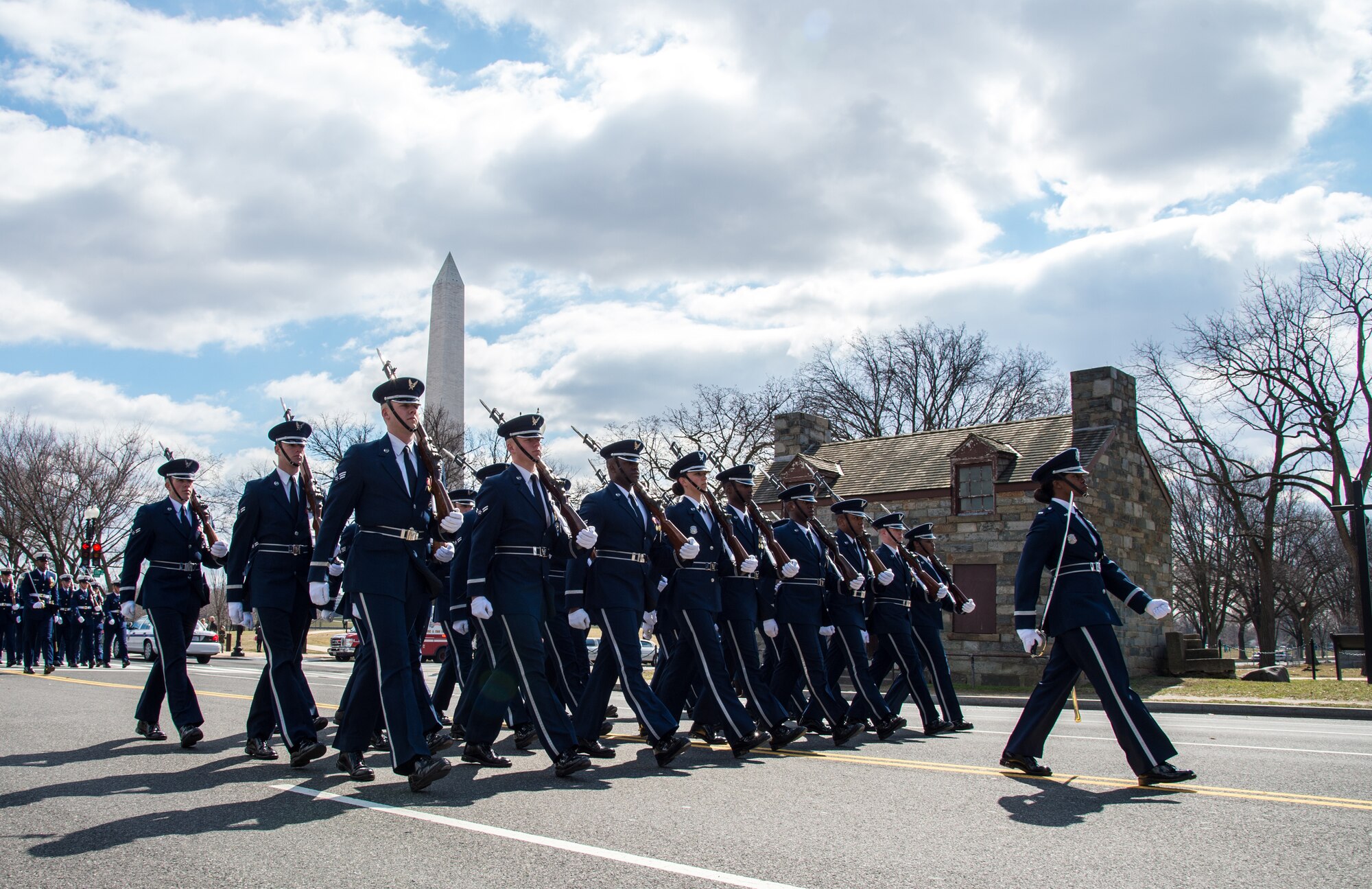 U.S. Air Force Honor Guard members march down Constitution Ave., Washington, D.C., March 15, 2015. The Air Force Honor Guard was one of seven military drill teams to take part in the 44th Annual St. Patrick’s Parade. (U.S. Air Force photo/Airman 1st Class Philip Bryant)