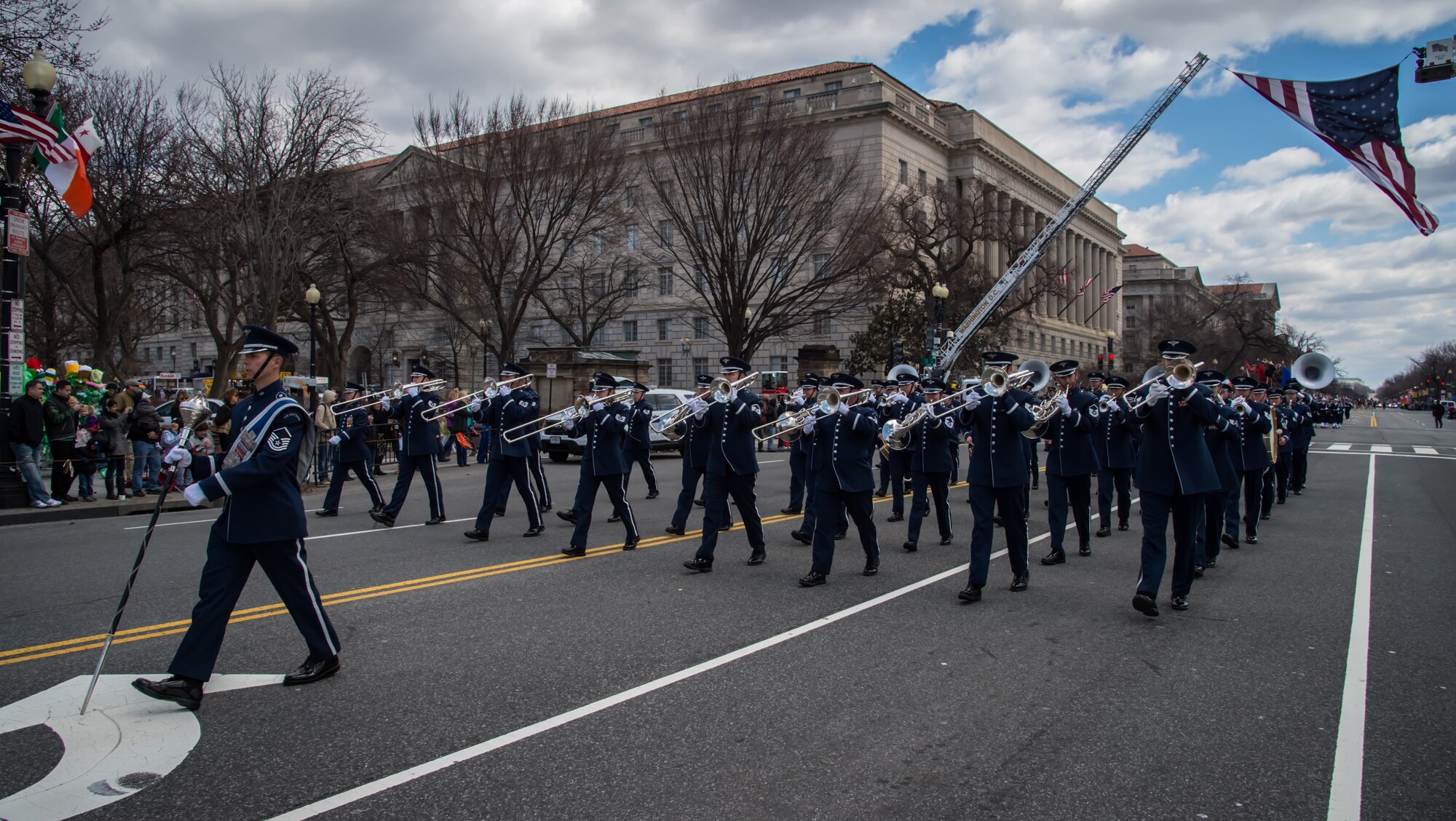 U.S. Air Force Concert Band members march down Constitution Ave., in Washington, D.C., March 15, 2015. The concert band led the way during the 44th Annual St. Patrick’s Parade. (U.S. Air Force photo/Airman 1st Class Philip Bryant)