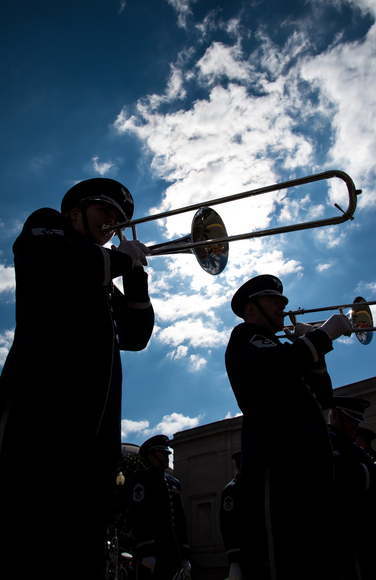 U.S. Air Force Concert Band trombone members prepare to march down Constitution Ave., Washington, D.C., as a part of the 44th Annual St. Patrick’s Parade, March 15, 2015. (U.S. Air Force photo/Airman 1st Class Philip Bryant)