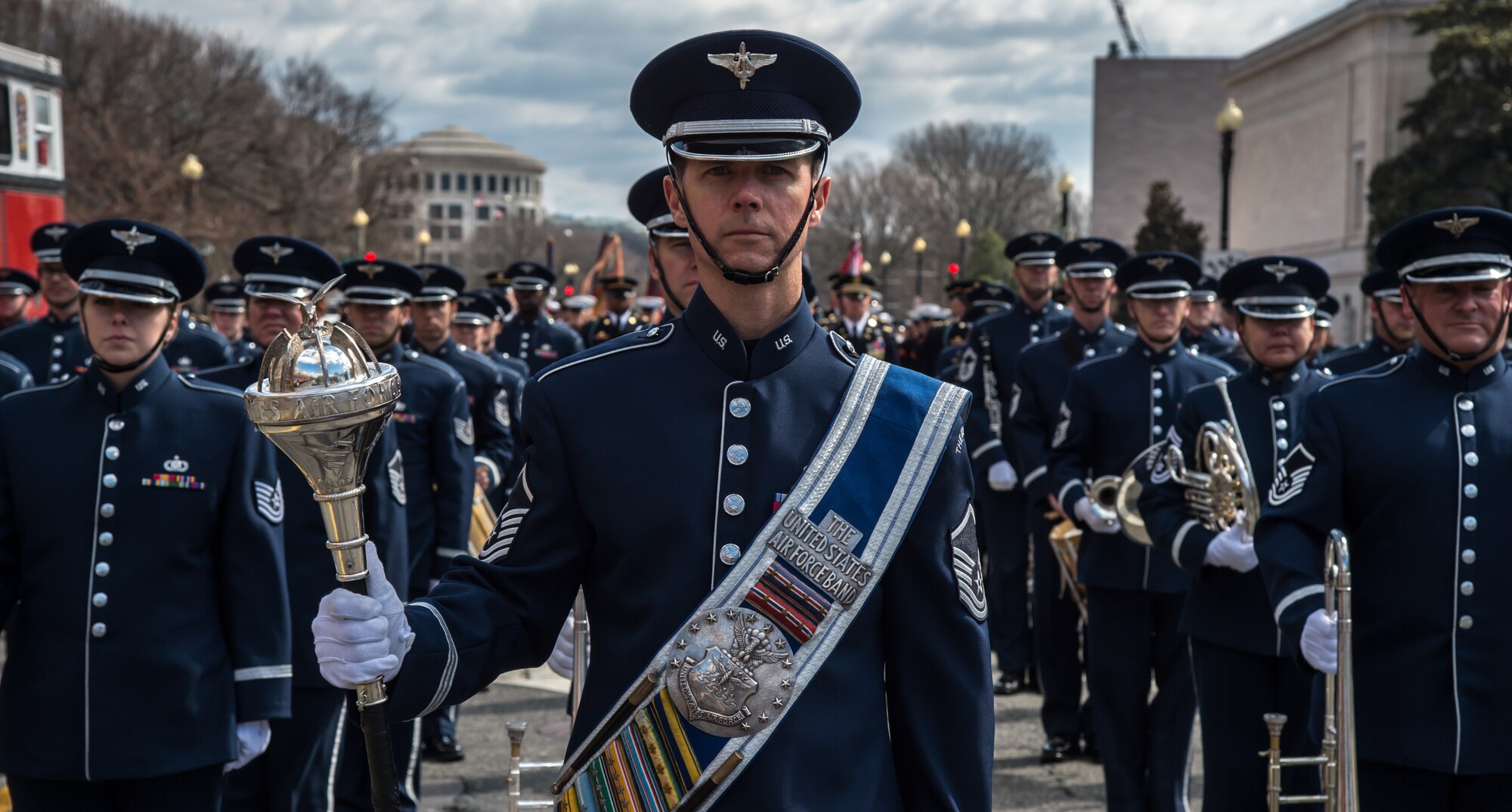Master Sgt. Daniel Valadie, drum major, prepares to march down Constitution Ave., Washington, D.C., as part of the 44th Annual St. Patrick’s Parade, March 15, 2015. (U.S. Air Force photo/Airman 1st Class Philip Bryant)
