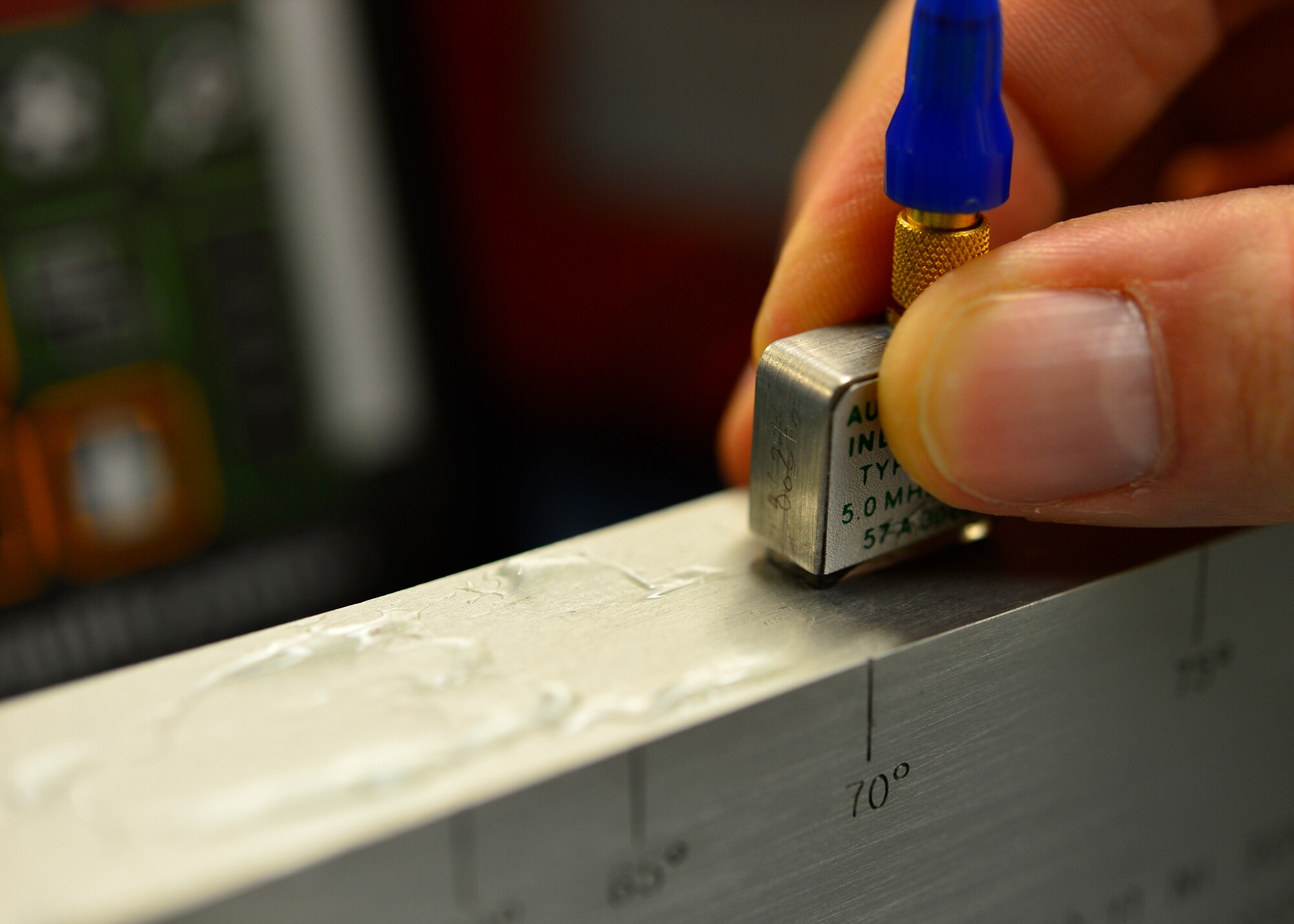 Staff Sgt. Chad Ericksen, 436th Maintenance Squadron Non-destructive Inspection craftsman, uses a Kraut Kramer ultrasound tool to inspect for subsonic cracks on a training tool March 13, 2015, at Dover Air Force Base Del. Discrepancies within the tool can be logged into the Parts, Inspection, Turnover (PIT) log that was created by Ericksen in 2012 as an innovative way to better track maintenance operations performed by NDI. (U.S. Air Force photo/Airman 1st Class William Johnson)