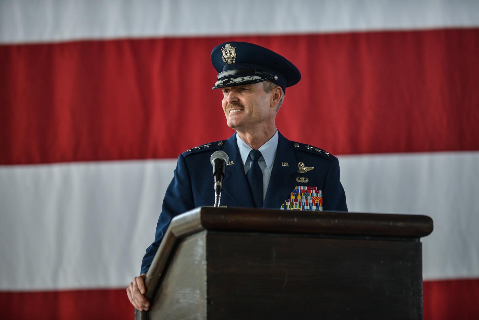 Lt. Gen. Darryl L. Roberson 3rd Air Force and 17th Expeditionary Air Force commander, welcomes 435th Air Ground Operations Wing and 435th Air Expeditionary Wing incoming commander during an assumption of command ceremony March 16, 2015, at Ramstein Air Base, Germany. Col. Andra Kniep assumed command of the two wings. (U.S. Air Force photo/Senior Airman Nicole Sikorski)