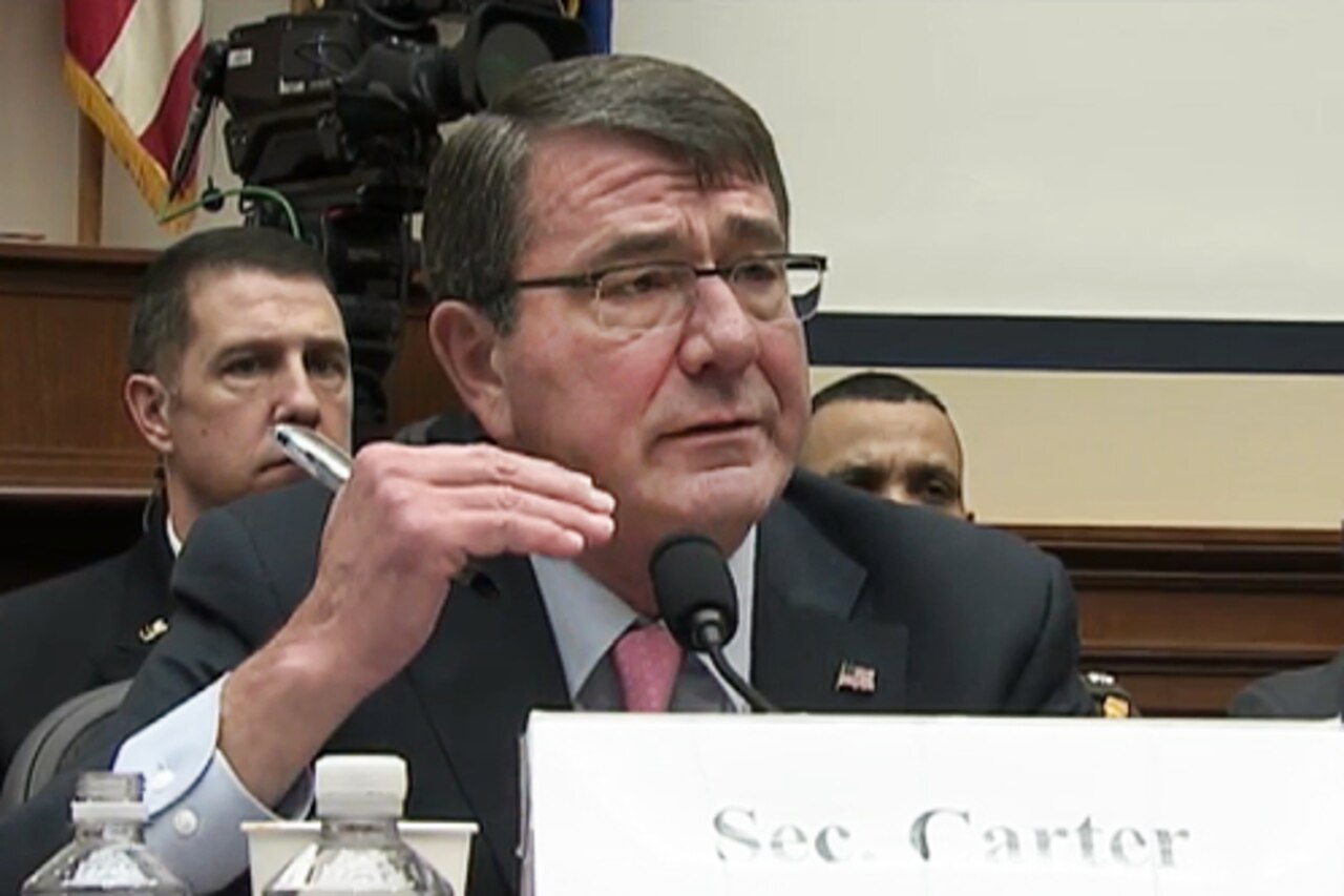 Defense Secretary Ash Carter testifies before the House Armed Services Committee in Washington, D.C., March 18, 2015. Army Gen. Martin E. Dempsey, chairman of the Joint Chiefs of Staff, joined Carter to testify. DoD screen shot