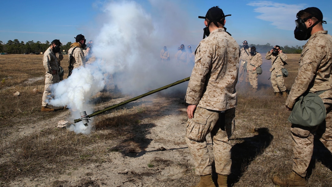 Marines don their masks after the release of CS gas during an outdoor gas chamber exercise as part of a II MEF Headquarters Group field exercise aboard Marine Corps Base Camp Lejeune, N.C., March 12-19, 2015. All Marines must endure the gas chamber once a year as part of annual training requirements. 