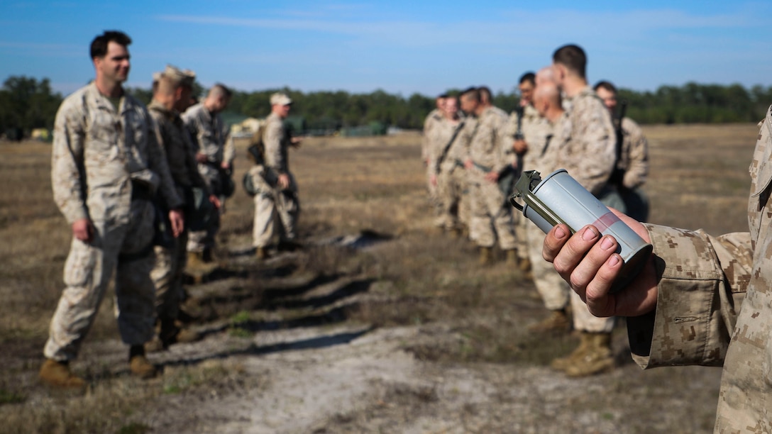 Marines await the release of CS gas during an outdoor gas chamber exercise as part of a II MEF Headquarters Group field exercise aboard Marine Corps Base Camp Lejeune, N.C., March 12-19, 2015. All Marines must endure the gas chamber once a year as part of annual training requirements. 