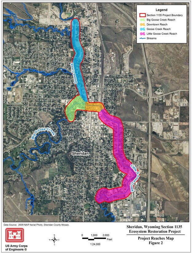 Outlines the four primary reaches that will be studied during the feasibility phase of the Sheridan, Wyoming, Section 1135 Ecosystem Restoration Project.