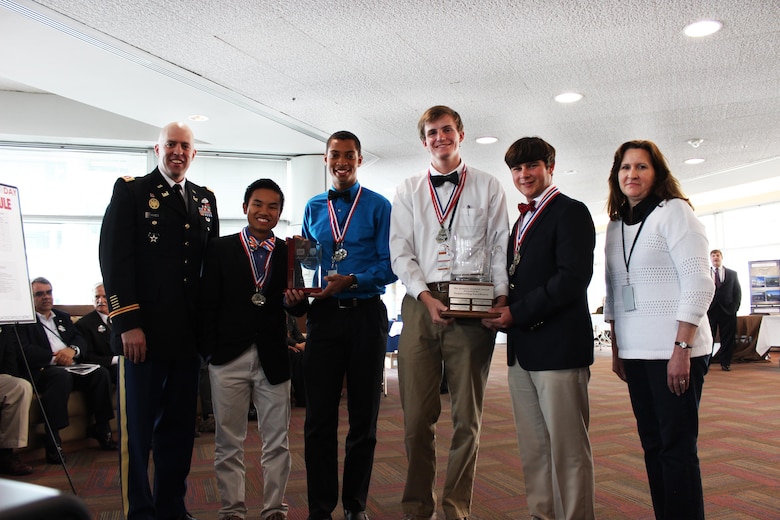 Winners of Engineering Career Day Overall event and James R. Garland Award for Engineering Excellence is Bishop Kenny High School, Team A.   From left are Lt. Col Mark Himes, Deputy Director, Jacksonville District, U.S. Army Corps of Engineers, Alan Conrad, Jeff DelaCruz, James Christian, Thad Daguilh and Vicki Schmidt, faculty advisor.   