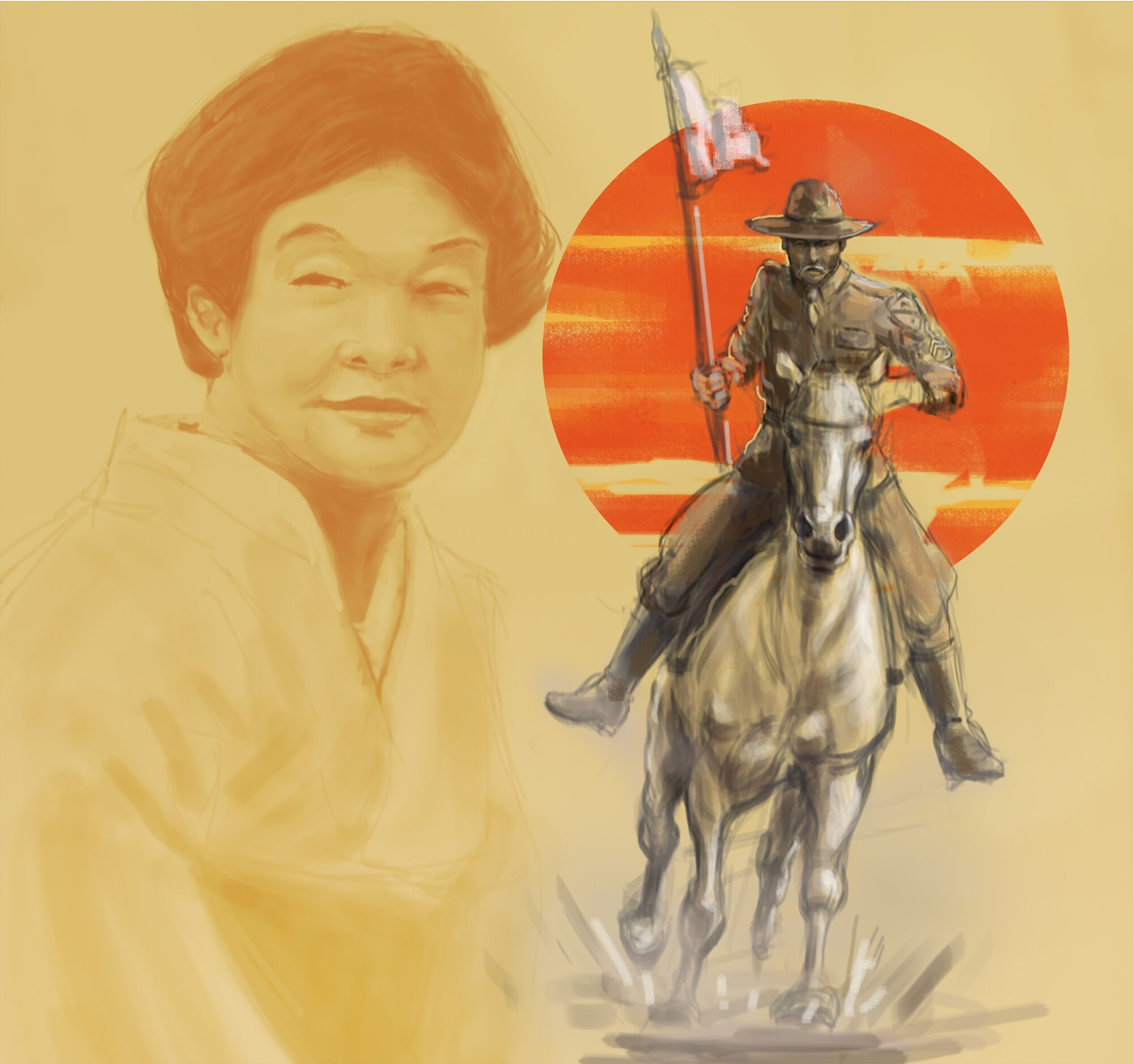 This artwork was created in freehand sketch using Wacom tablet and Adobe Photoshop. The layout composition was designed to tell the story of a World War II veteran, Sergeant Allen McDonald, a cavalryman assigned to the U.S. Army 1st Cavalry in Camp Drake, Japan, where he met his Japanese wife. The theme behind the artwork was to show the clash between cultures during post war. This piece was created to support the annual Palo Alto Veterans Hospital Art Exposition, Palo Alto, Calif., April 23, 2014. (U.S. Air Force art by Master Sgt. Elizabeth Concepcion)