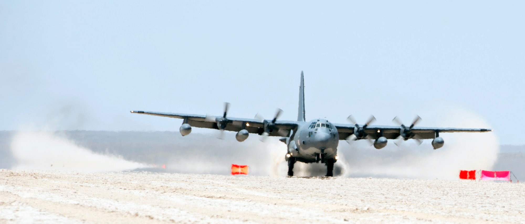 A HC-130 Combat King lands during a forward arming and refuel point exercise Mar 12, 2015, at Grand Bara, Djibouti. The Combat King provided several smaller airframes a refueling point to help extend their flying distance in preparation to any crisis response mission. (U.S. Air Force photo/Staff Sgt. Kevin Iinuma)
