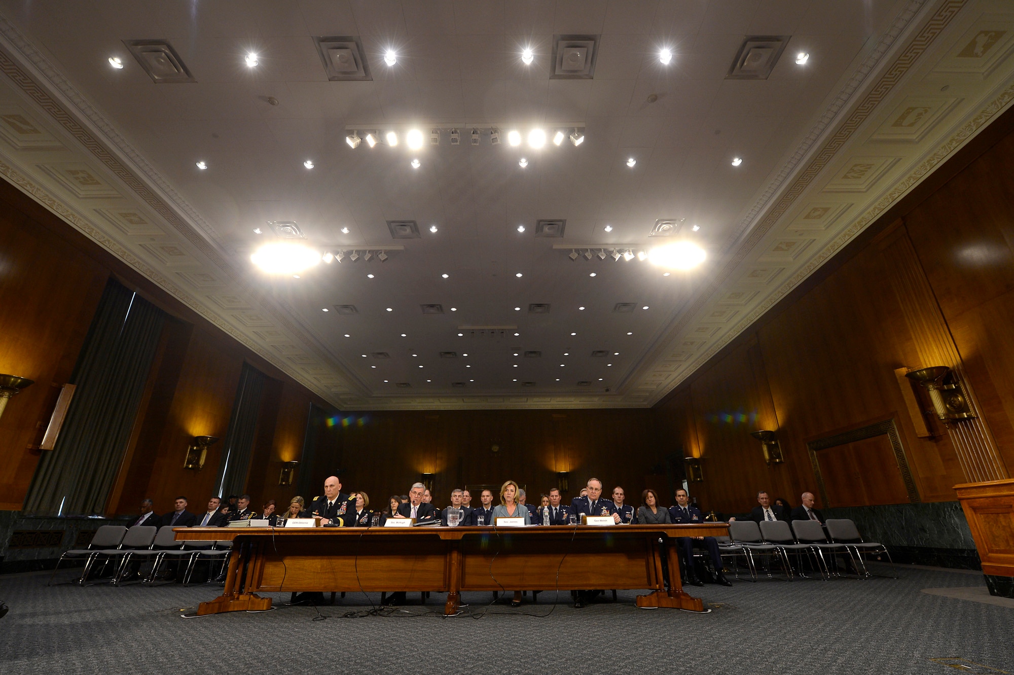 Air Force and Army senior leaders testify before the Senate Armed Services Committee on both the Army's and Air Force posture for fiscal year 2016 March 18, 2015, in Washington, D.C. Secretary of the Air Force Deborah Lee James and Air Force Chief of Staff Gen. Mark A. Welsh III delivered their budget proposal with Secretary of the Army John M. McHugh and Chief of Staff of the Army Gen. Raymond T. "Ray" Odierno.  (U.S. Air Force photo/Scott M. Ash)