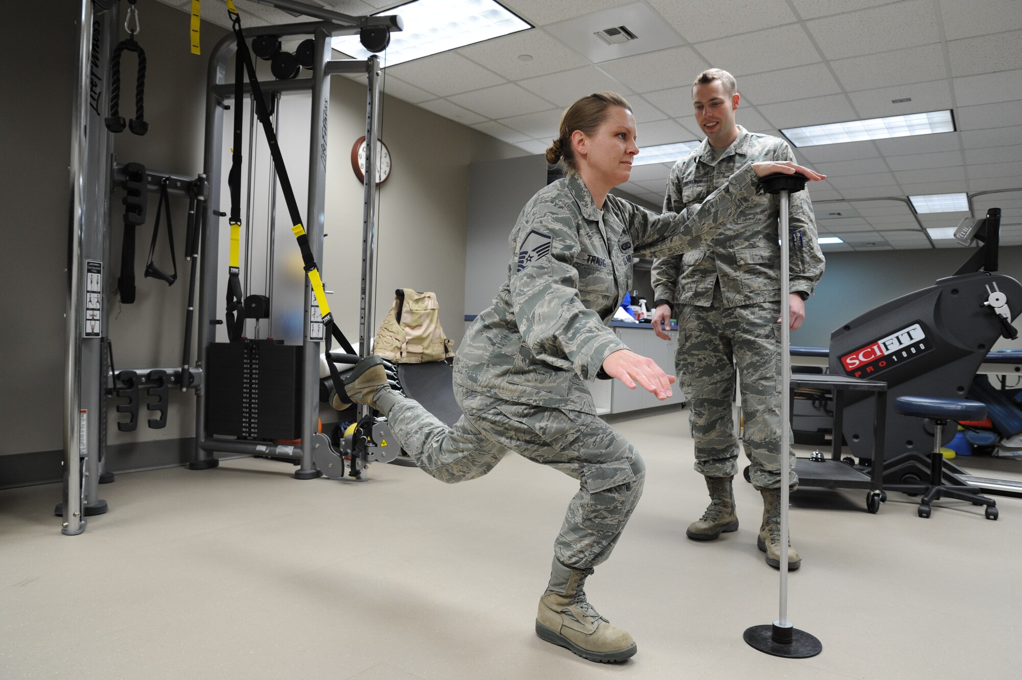 Master Sgt. Dawn Traurig, 92nd Medical Operations Squadron superintendent, demonstrates the use of a resistance band March 16, 2015, at Fairchild Air Force Base, Wash. Resistance band training is often used by physical therapy to treat patients. (U.S. Air Force photo/Airman 1st Class Nicolo J. Daniello)