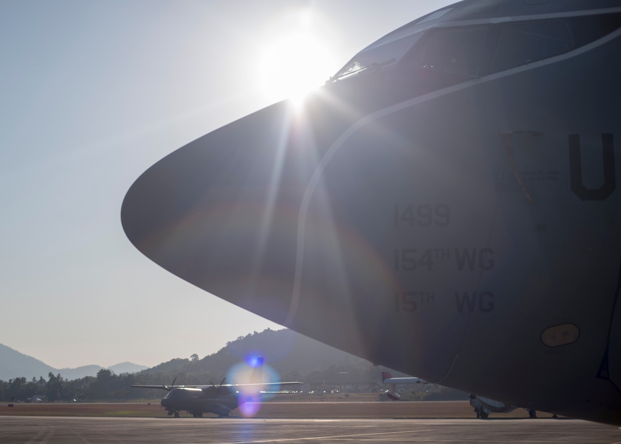 A KC-135 Stratotanker assigned to the 15th Wing, Joint Base Pearl Harbor-Hickam, Hawaii, sits on the runway of Langkawi International Airport after transporting equipment for the Langkawi International Maritime and Aerospace Exhibition, March 16, 2015. U.S. Defense Department participation in the LIMA 15 airshow strengthenss military-to-military relationships and underscores the cooperation agreements between the U.S. and Malaysia. (U.S. Air Force photo by 1st Lt. Elias Zani/Released)