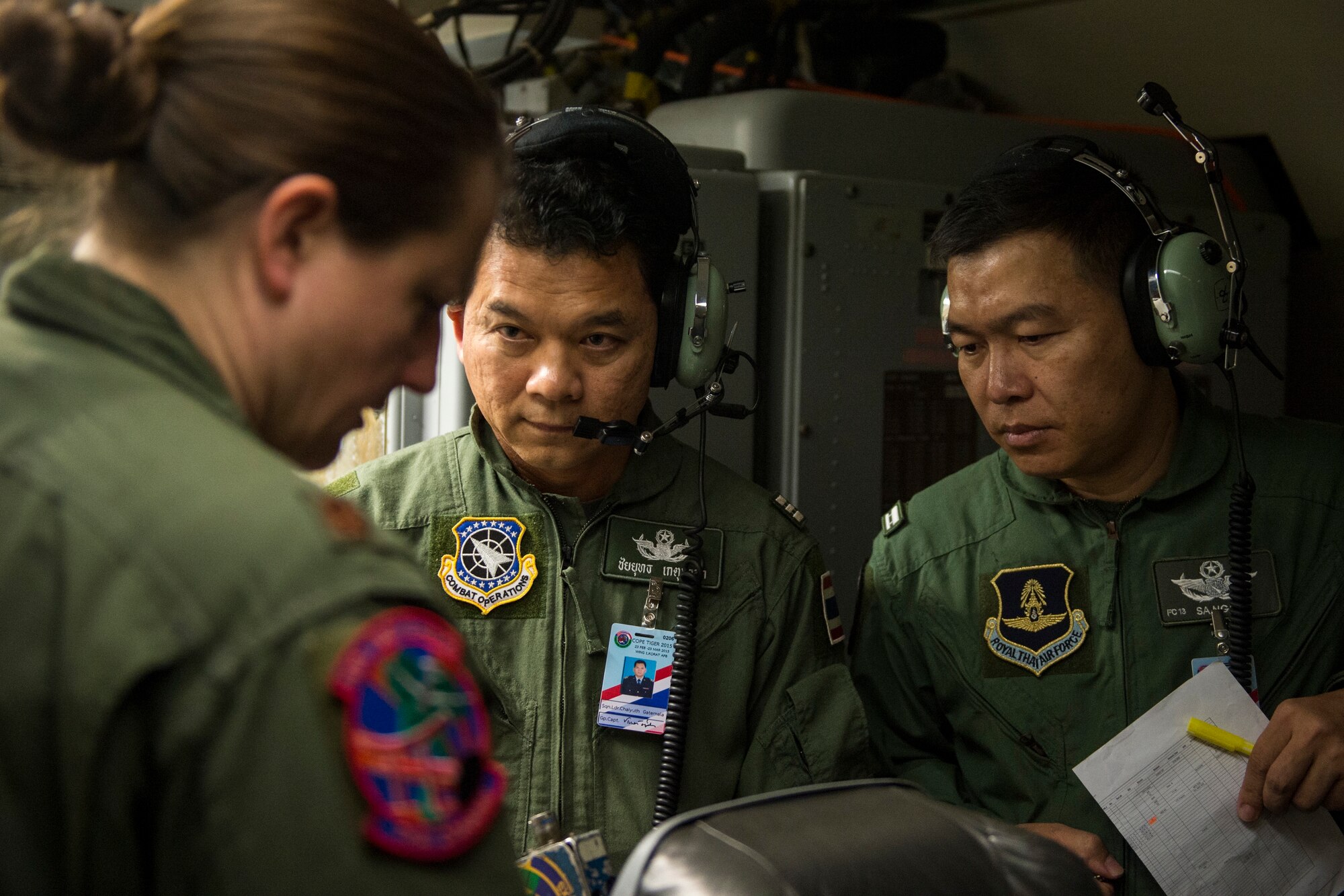 A U.S. Air Force E-3 Sentry and its crew runs radar and communications for a Thai, U.S. and Singaporean mission during Exercise Cope Tiger 15 near Korat, Thailand, March 12, 2015. CT15 includes 22 total flying units and over 1390 personnel from three countries and continues the growth of strong, interoperable, and beneficial relationships within the Asia-Pacific region through integration of airborne and land-based command and control assets.(U.S. Air Force photo by Airman 1st Class Taylor Queen/Released)