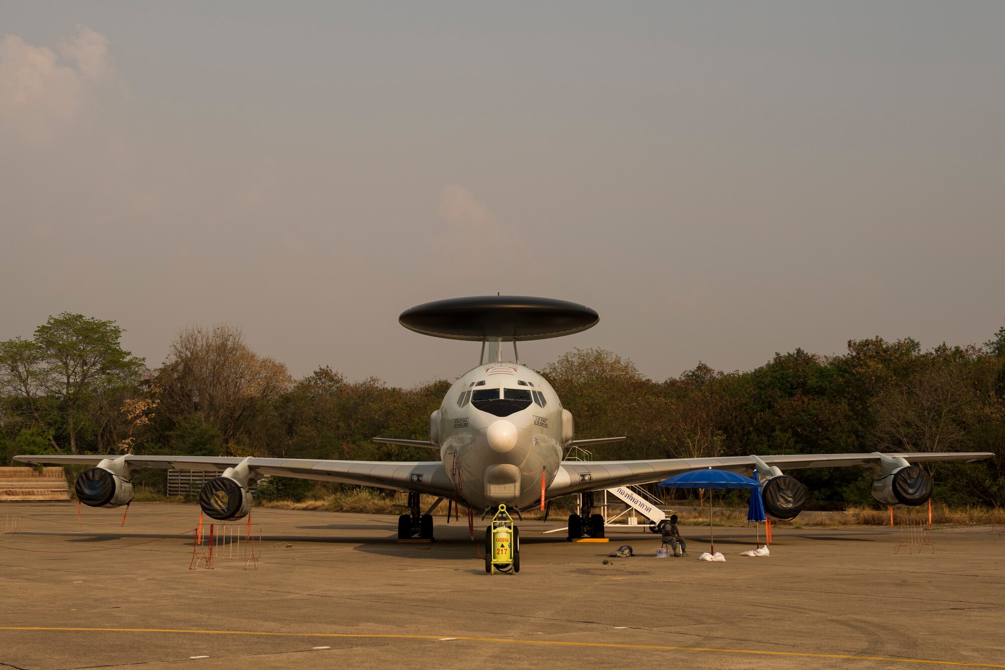 A U.S. Air Force E-3B Sentry participates in Exercise Cope Tiger 15 at Korat Royal Air Force Base, Thailand, March 10, 2015. CT15 includes 22 total flying units and over 1390 personnel from three countries and continues the growth of strong, interoperable, and beneficial relationships within the Asia-Pacific region through integration of airborne and land-based command and control assets.(U.S. Air Force photo by Airman 1st Class Taylor Queen/Not Reviewed)