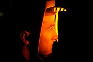 Capt. Frank Cumbie, 1st Helicopter Squadron pilot, sits still while a Technolas Orbscan is taken of the his eye March 18, 2015, in Malcolm Grow Medical Clinics and Surgery Center on Joint Base Andrews, MD. The Orbscan measures multiple regions within the patient’s eye to provide critical information to surgical staff prior to a Photorefractive Keratectomy procedure. (U.S. Air Force photo/Senior Airman Preston Webb)