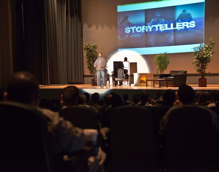 Staff Sgt. Anthony Gross, 60th Security Forces Squadron, shares his story of loss, alcoholism and resiliency with Airmen at the base theater for a Storytellers presentation during Wingman Week March 17, 2015 at Travis Air Force Base, Calif. Wingman Week and the Storytellers event ran all week, March 16-20, 2015, to give Airmen the opportunity working midshift to attend Wingman Week activities. Storytellers gave Airmen the opportunity to tell their stories of struggles and resilience and show how every Airmen has a story. (U.S. Air Force photo/Senior Airman Nicole Leidholm)