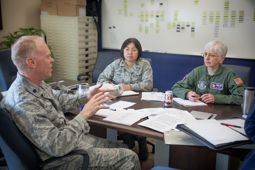Lt. Col. James Cowan and Maj. Tu Tran, Air Force Reserve Command Inspector General team Public Health, meet with Lt. Col. Liz Lindeke, 934th Aeromedical Staging Squadron flight surgeon, as part of a capstone inspection during the March unit training assembly weekend.  The event lasted six days, during which time IG verified the Commander's Inspection Program, conducted Airman-to-IG sessions, and independently assessed unit effectiveness.  (U.S. Air Force photo by Shannon McKay/Released)