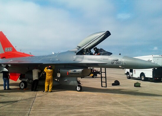 Maintainers begin post-flight checks on the first Lot 1 production model QF-16 after it arrived at Tyndall Air Force Base, Fla., March 11.  The aircraft is the first of 13 deliveries to the 82nd Aerial Targets Squadron, a geographically separated unit of the 53rd Wing, headquartered at Eglin Air Force Base.  The QF-16 will replace the QF-4 as the next generation aerial target.  (Courtesy photo)